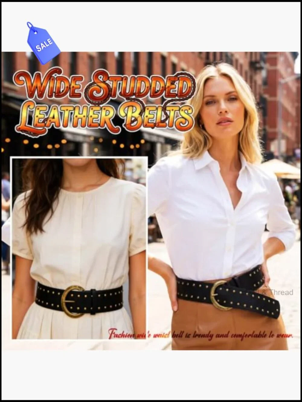 Chunky Studded Leather Belt Wide Vintage Waist Belt for Women